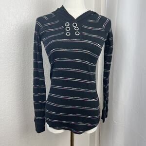 Y2K Lei Top Juniors Large Black Striped Fitted Hooded Grunge Indie Streetwear